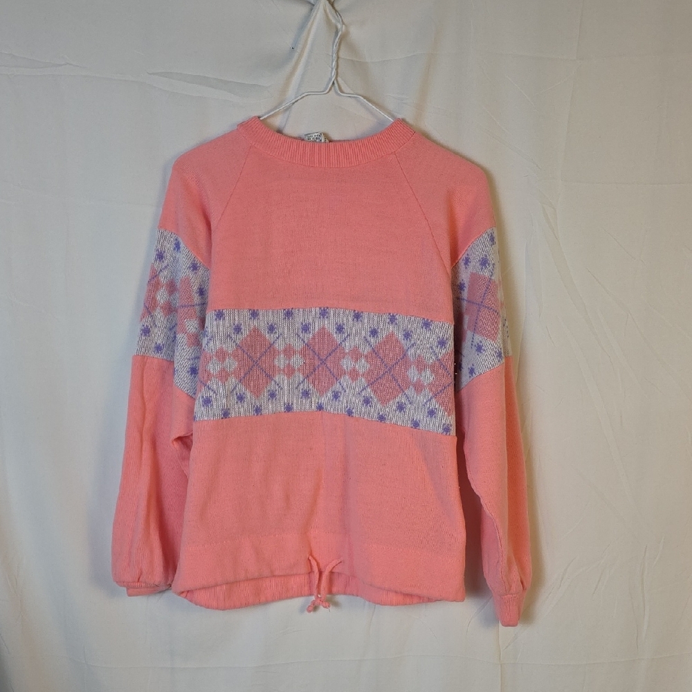 Vintage Vieux Pink and Purple Women's Argyle Sweater with Drawstring Tie